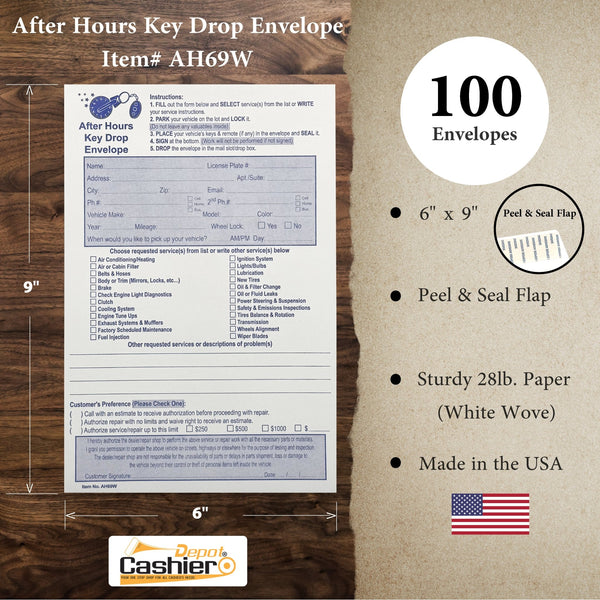 After Hours/Night Key Drop Envelope, 6" x 9", Peel & Seal, Open End, Sturdy 28lb. White - Cashier Depot