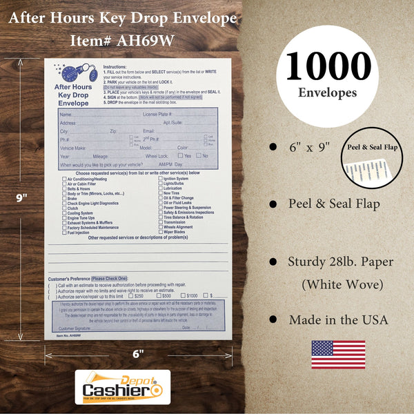 After Hours/Night Key Drop Envelope, 6" x 9", Peel & Seal, Open End, Sturdy 28lb. White - Cashier Depot