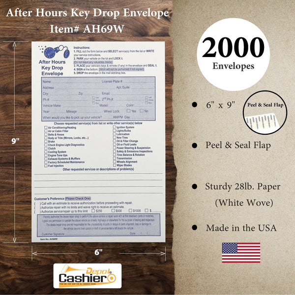 After Hours/Night Key Drop Envelope, 6" x 9", Peel & Seal, Open End, Sturdy 28lb. White - Cashier Depot