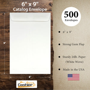 Cashier Depot 6" x 9" Catalog (Open End) Envelopes, Premium 24lb. White, Gum Flap - Cashier Depot