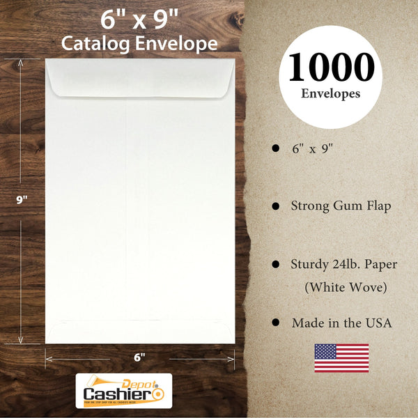 Cashier Depot 6" x 9" Catalog (Open End) Envelopes, Premium 24lb. White, Gum Flap - Cashier Depot