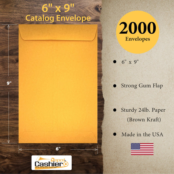 Cashier Depot 6" x 9" Catalog (Open End) Envelopes, Sturdy 24lb. Brown Kraft, Gum Flap - Cashier Depot