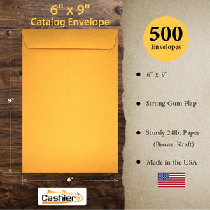 Cashier Depot 6" x 9" Catalog (Open End) Envelopes, Sturdy 24lb. Brown Kraft, Gum Flap - Cashier Depot