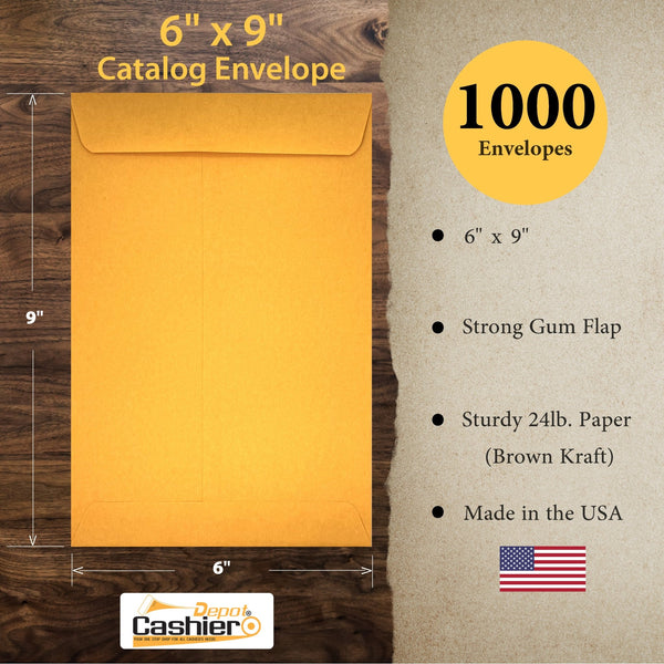 Cashier Depot 6" x 9" Catalog (Open End) Envelopes, Sturdy 24lb. Brown Kraft, Gum Flap - Cashier Depot