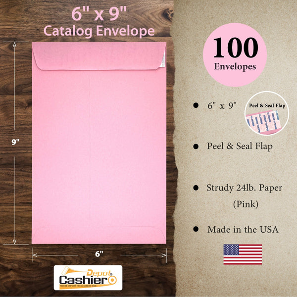 Cashier Depot 6" x 9" Catalog (Open End) Envelopes, Sturdy 24lb. Pink, Peel & Seal Flap - Cashier Depot