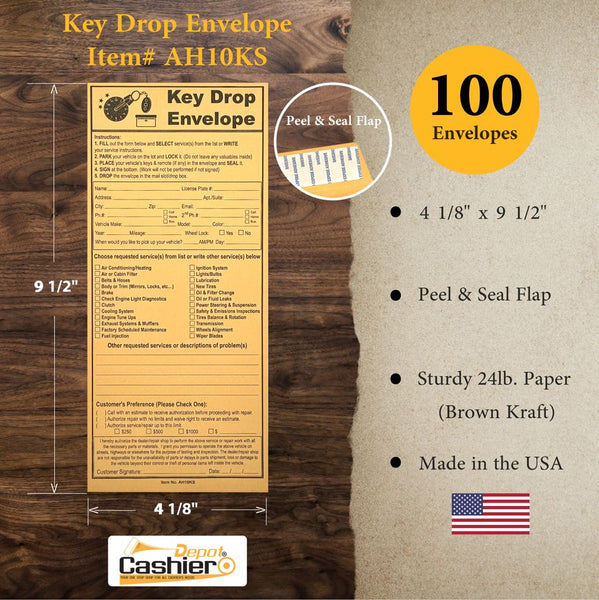 Cashier Depot After Hours/Night Key Drop Envelope, 4 1/8" x 9 1/2", Open End, Peel & Seal, Sturdy 24lb Kraft - Cashier Depot