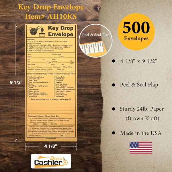 Cashier Depot After Hours/Night Key Drop Envelope, 4 1/8" x 9 1/2", Open End, Peel & Seal, Sturdy 24lb Kraft - Cashier Depot