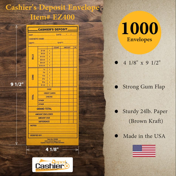 Cashier Depot EZ400 Cashier's Deposit Report Envelope, 4 1/8" x 9 1/2", Sturdy 24lb. Brown Kraft Paper, Gum Flap - Cashier Depot