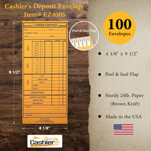 Cashier Depot EZ400S Cashier's Deposit Report Envelope, 4 1/8" x 9 1/2", Sturdy 24lb. Brown Kraft paper, Peel & Seal Flap - Cashier Depot