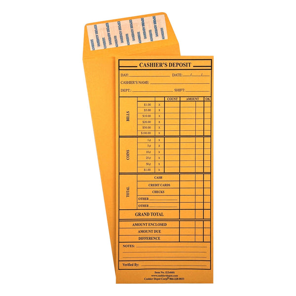 Cashier Depot EZ400S Cashier's Deposit Report Envelope, 4 1/8" x 9 1/2", Sturdy 24lb. Brown Kraft paper, Peel & Seal Flap - Cashier Depot