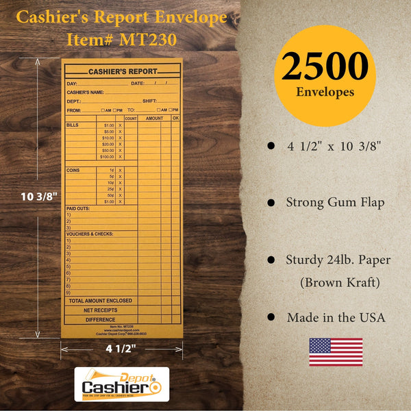 Cashier Depot MT230 Cashier's Report Envelope, 4 1/2" x 10 3/8", Premium 24lb. Kraft, Gum Flap, 500/Box - Cashier Depot
