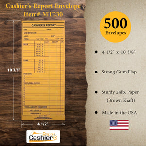Cashier Depot MT230 Cashier's Report Envelope, 4 1/2" x 10 3/8", Premium 24lb. Kraft, Gum Flap, 500/Box - Cashier Depot