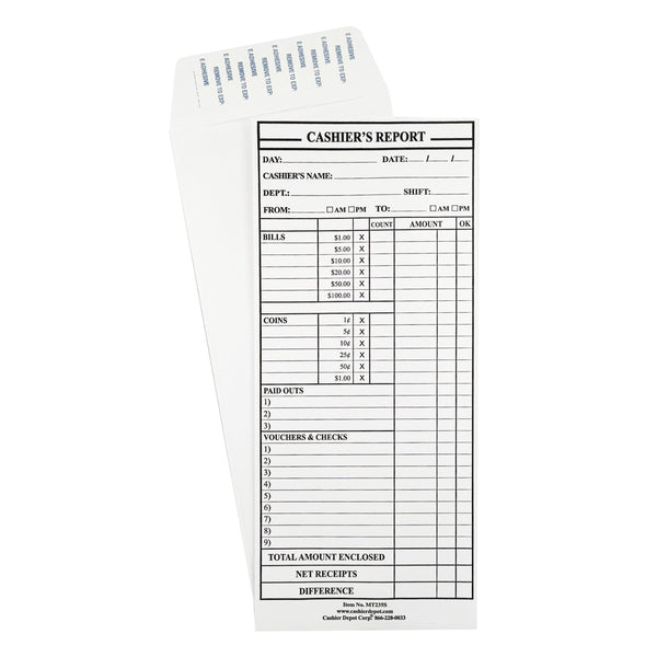 Cashier Depot MT235S Cashier's Report Envelope, 4 1/2" x 10 3/8", Premium 24lb. White, Peel & Seal, 500/Box - Cashier Depot