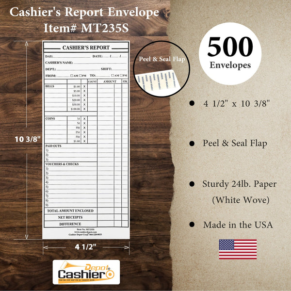 Cashier Depot MT235S Cashier's Report Envelope, 4 1/2" x 10 3/8", Premium 24lb. White, Peel & Seal, 500/Box - Cashier Depot