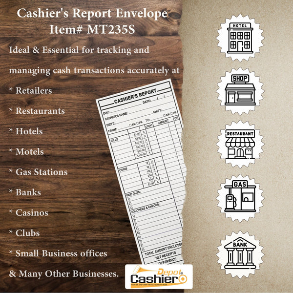 Cashier Depot MT235S Cashier's Report Envelope, 4 1/2" x 10 3/8", Premium 24lb. White, Peel & Seal, 500/Box - Cashier Depot