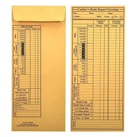 Cashier's Bank Report Envelopes CR680, 4 1/2" x 10 3/8", Sturdy 24lb. Brown Kraft, Gum Flap - Cashier Depot