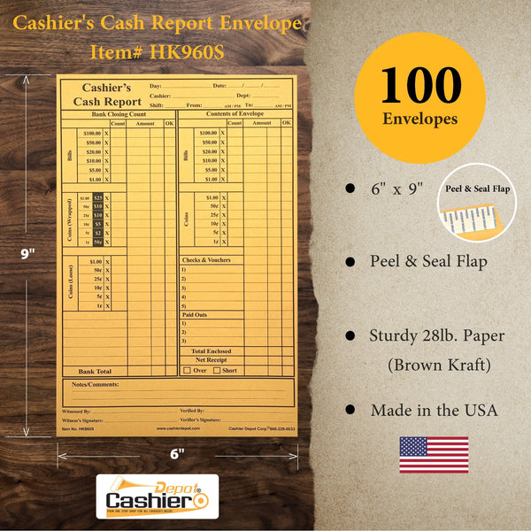 Cashier's Cash Report Envelope HK960S, 6" x 9",Open End, Sturdy 28lb Brown Kraft, Peel & Seal Flap - Cashier Depot