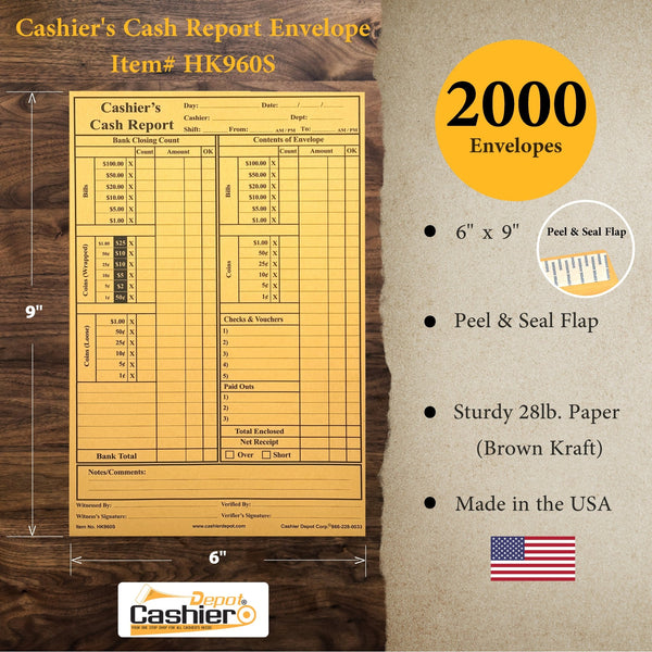 Cashier's Cash Report Envelope HK960S, 6" x 9",Open End, Sturdy 28lb Brown Kraft, Peel & Seal Flap - Cashier Depot