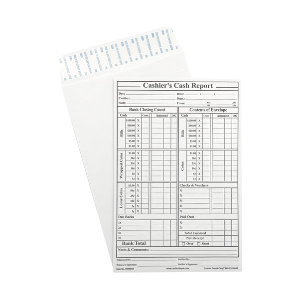 Cashier's Cash Report Envelope HW965S, 6" x 9",Open End, Sturdy 28lb White, Peel & Seal Flap - Cashier Depot