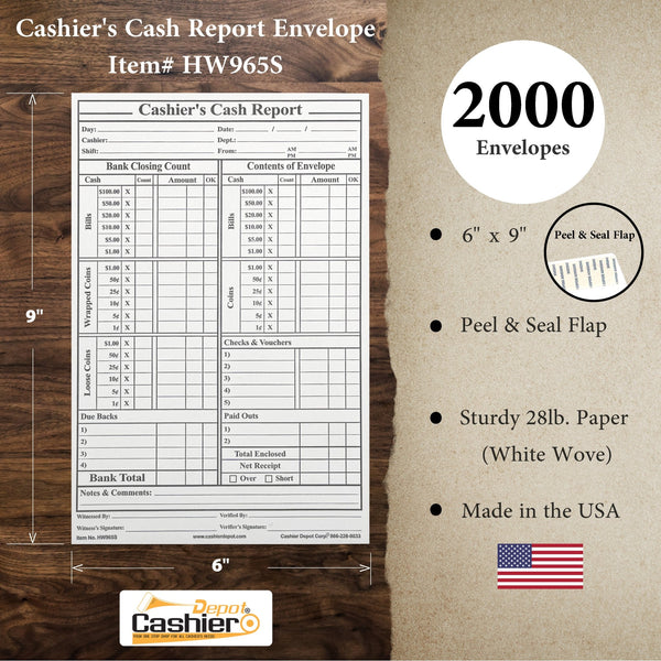 Cashier's Cash Report Envelope HW965S, 6" x 9",Open End, Sturdy 28lb White, Peel & Seal Flap - Cashier Depot