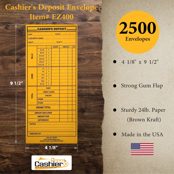 Cashier's Deposit Report Envelope EZ400, 4 1/8" x 9 1/2", Sturdy 24lb. Brown Kraft Paper, Gum Flap - Cashier Depot