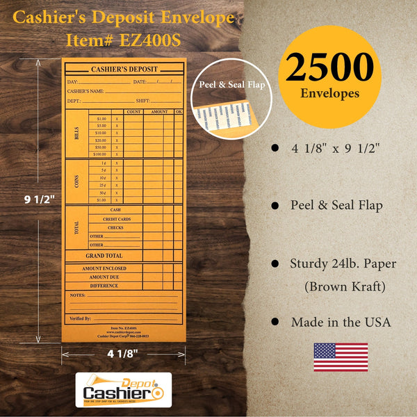 Cashier's Deposit Report Envelope EZ400S, 4 1/8" x 9 1/2", Sturdy 24lb. Brown Kraft paper, Peel & Seal Flap - Cashier Depot