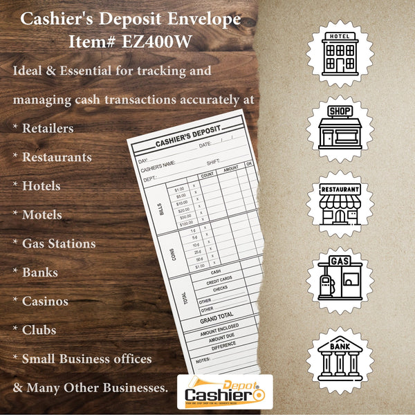 Cashier's Deposit Report Envelope EZ400W, 4 1/8" x 9 1/2", Sturdy 24lb. White Paper, Gum Flap - Cashier Depot
