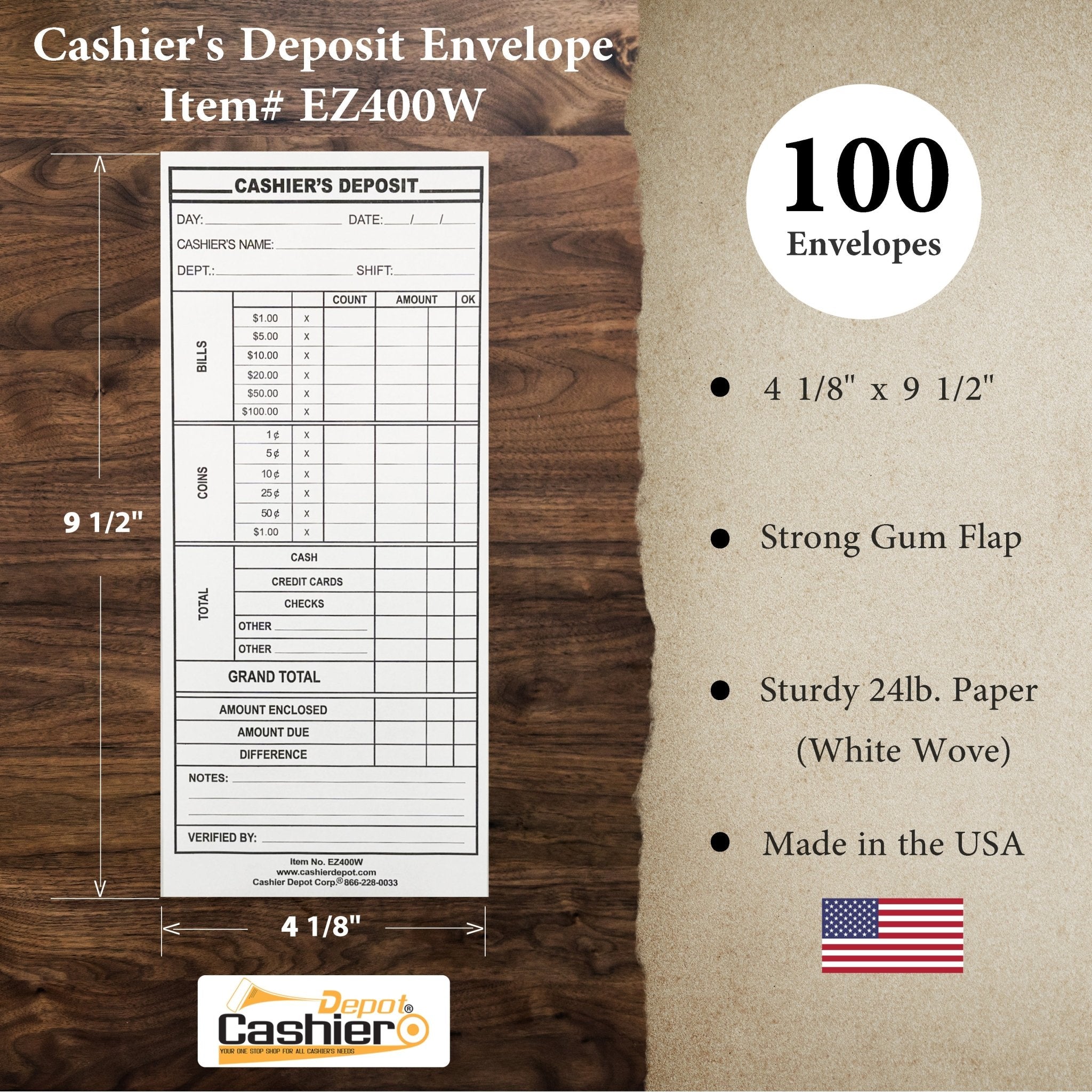 Cashier's Deposit Report Envelope EZ400W, 4 1/8" x 9 1/2", Sturdy 24lb. White Paper, Gum Flap - Cashier Depot