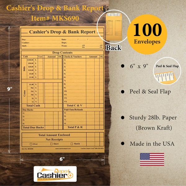 Cashier's Drop & Bank Report Envelope MKS690, 6" x 9", Peel & Seal, Open End, Sturdy 28lb Kraft - Cashier Depot