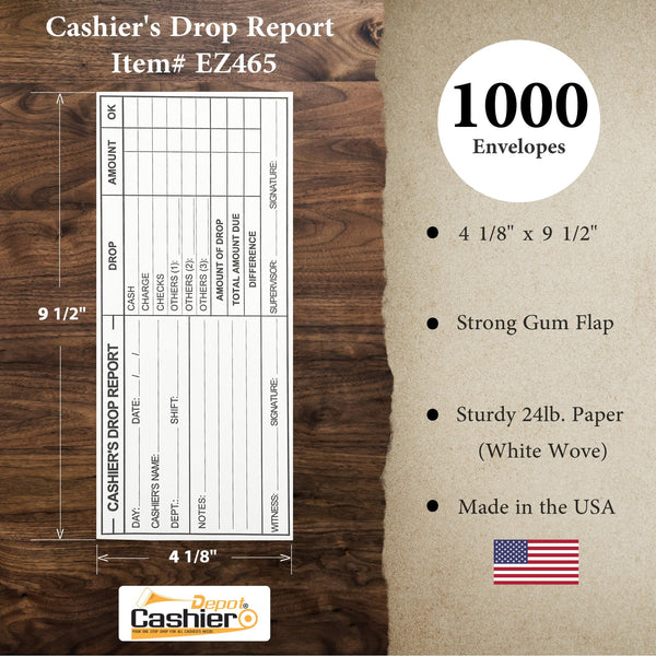 Cashier's Drop Report Envelope EZ465, 4 1/8" x 9 1/2", Sturdy 24lb. White Paper, Gum Flap - Cashier Depot