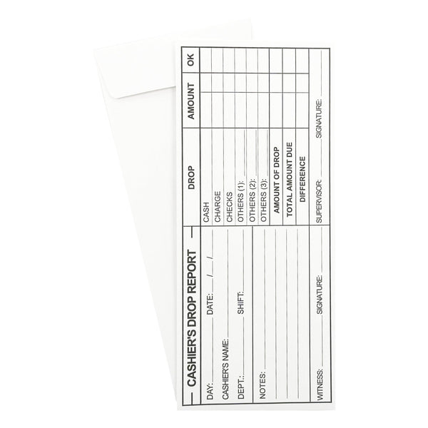 Cashier's Drop Report Envelope EZ465, 4 1/8" x 9 1/2", Sturdy 24lb. White Paper, Gum Flap - Cashier Depot