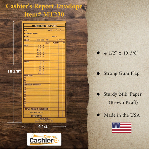 Cashier's Report Envelope MT230, 4 1/2" x 10 3/8", Sturdy 24lb. Brown Kraft, Gum Flap (MT230) - Cashier Depot