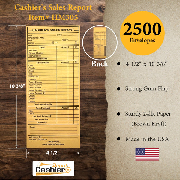 Cashier's Sales Report Envelope HM305, 4 1/2" x 10 3/8", Sturdy 24lb. Brown Kraft, Gum Flap - Cashier Depot