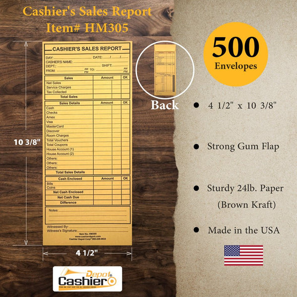 Cashier's Sales Report Envelope HM305, 4 1/2" x 10 3/8", Sturdy 24lb. Brown Kraft, Gum Flap - Cashier Depot