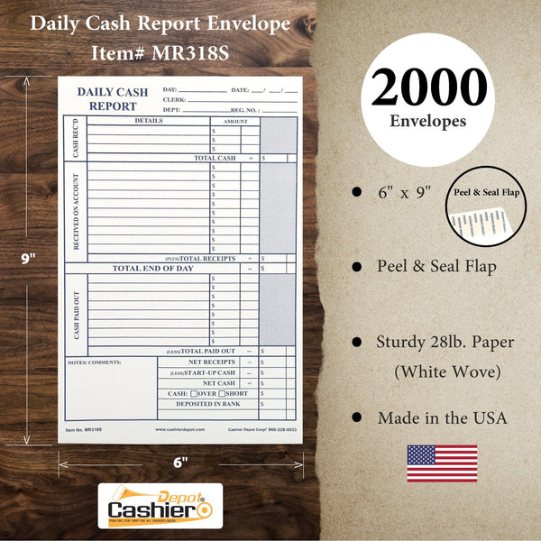 Daily Cash Report Envelope MR318S, 6" x 9",Open End, Sturdy 28lb White, Peel & Seal Flap - Cashier Depot