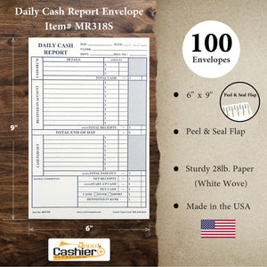 Daily Cash Report Envelope MR318S, 6" x 9",Open End, Sturdy 28lb White, Peel & Seal Flap - Cashier Depot