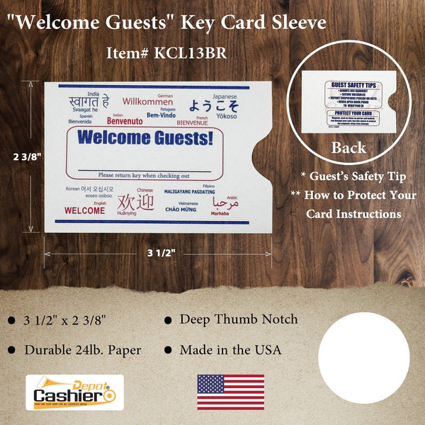 Hotel Key Card Envelopes – “Welcome Guests” in Multiple Languages – White 24 lb. Paper with Blue & Red Print – 2-3/8" x 3-1/2" Key Card Holders – Fits Standard Hotel Key Cards (KCL13BR) - Cashier Depot