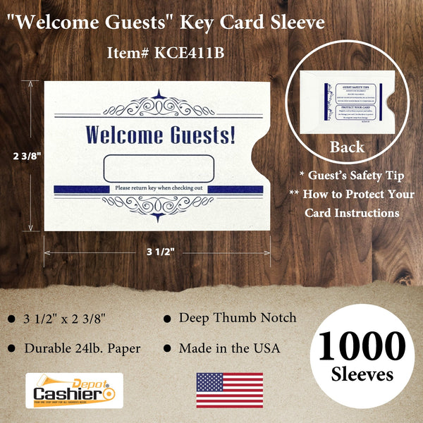 Hotel/ Motel "Welcome Guest" Key Card Sleeve, 2 3/8" X 3 1/2", Printed in Blue, Premium 24lb. Paper, 500/Box (KCE411B) - Cashier Depot