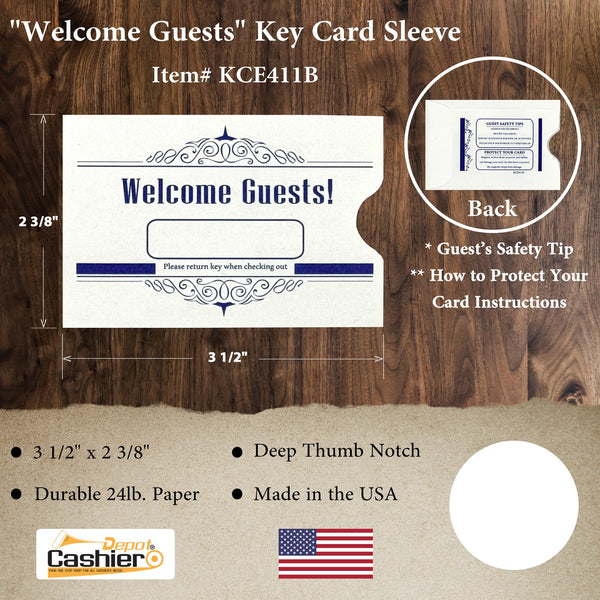 Hotel/ Motel "Welcome Guest" Key Card Sleeve, 2 3/8" X 3 1/2", Printed in Blue, Sturdy 24lb. Paper (KCE411B) - Cashier Depot