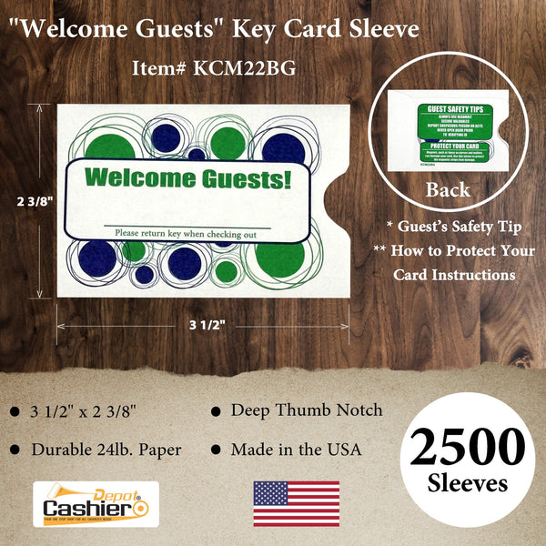 Hotel/ Motel "Welcome Guest" Key Card Sleeve, 2 3/8" X 3 1/2", Printed in Blue/Green, Premium 24lb. Paper, 500/Box (KCM22BG) - Cashier Depot