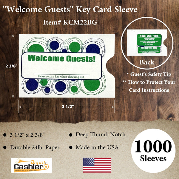 Hotel/ Motel "Welcome Guest" Key Card Sleeve, 2 3/8" X 3 1/2", Printed in Blue/Green, Premium 24lb. Paper, 500/Box (KCM22BG) - Cashier Depot