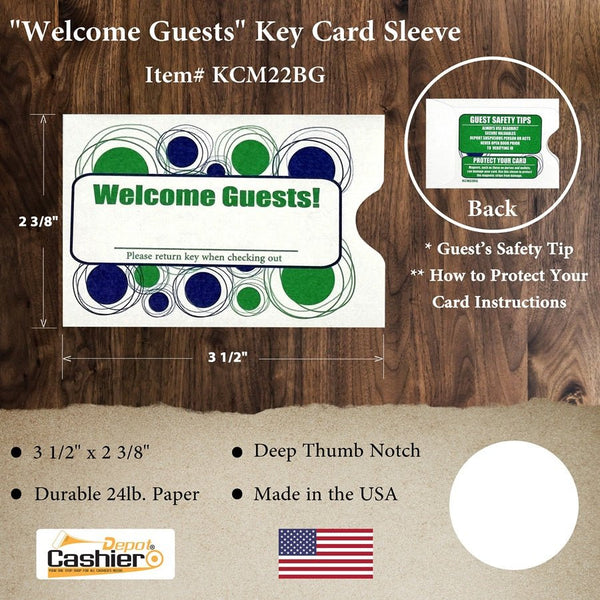 Hotel/ Motel "Welcome Guest" Key Card Sleeve, 2 3/8" X 3 1/2", Printed in Blue/Green, Sturdy 24lb. Paper (KCM22BG) - Cashier Depot