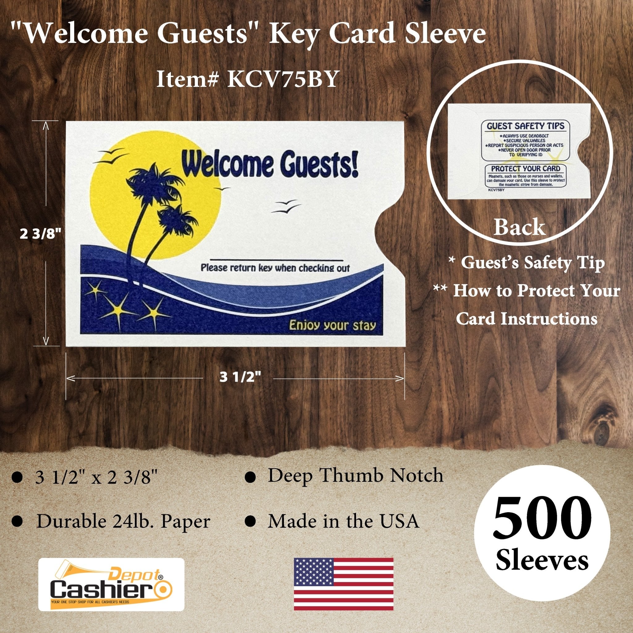 Hotel/ Motel "Welcome Guest" Key Card Sleeve, 2 3/8" X 3 1/2", Printed in Blue/Yellow, Premium 24lb. Paper, 500/Box (KCV75BY) - Cashier Depot