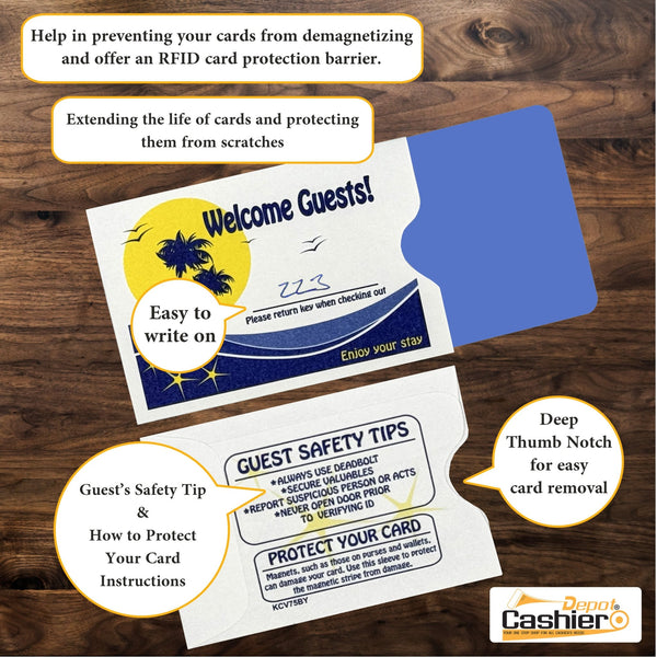Hotel/ Motel "Welcome Guest" Key Card Sleeve, 2 3/8" X 3 1/2", Printed in Blue/Yellow, Premium 24lb. Paper, 500/Box (KCV75BY) - Cashier Depot