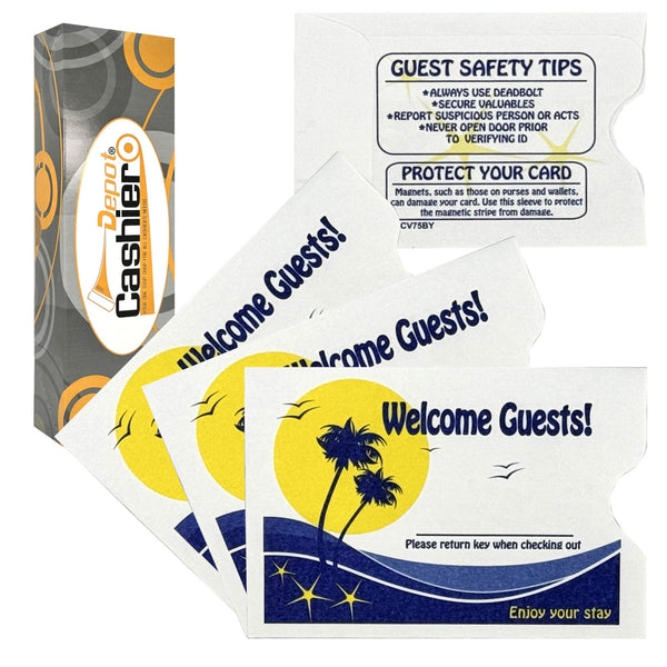 Hotel/ Motel "Welcome Guest" Key Card Sleeve, 2 3/8" X 3 1/2", Printed in Blue/Yellow, Premium 24lb. Paper, 500/Box (KCV75BY) - Cashier Depot