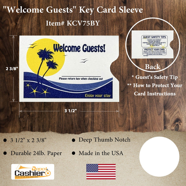 Hotel/ Motel "Welcome Guest" Key Card Sleeve, 2 3/8" X 3 1/2", Printed in Blue/Yellow, Sturdy 24lb. Paper (KCV75BY) - Cashier Depot