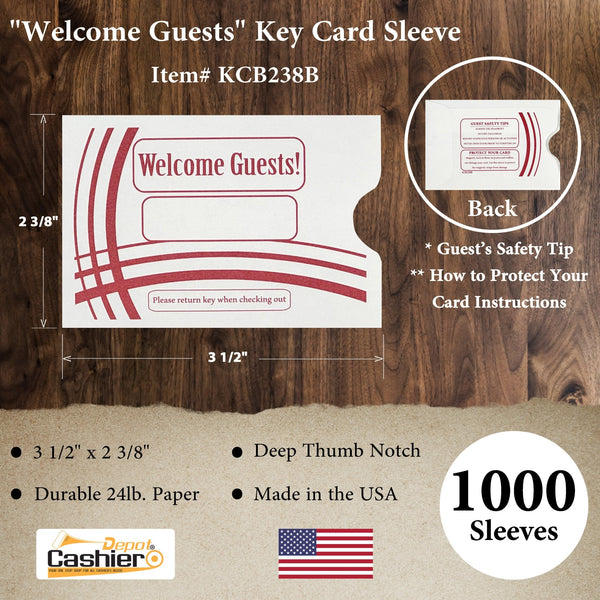 Hotel/ Motel "Welcome Guest" Key Card Sleeve, 2 3/8" X 3 1/2", Printed in Burgundy, Premium 24lb. Paper, 500/Box (KCB238B) - Cashier Depot
