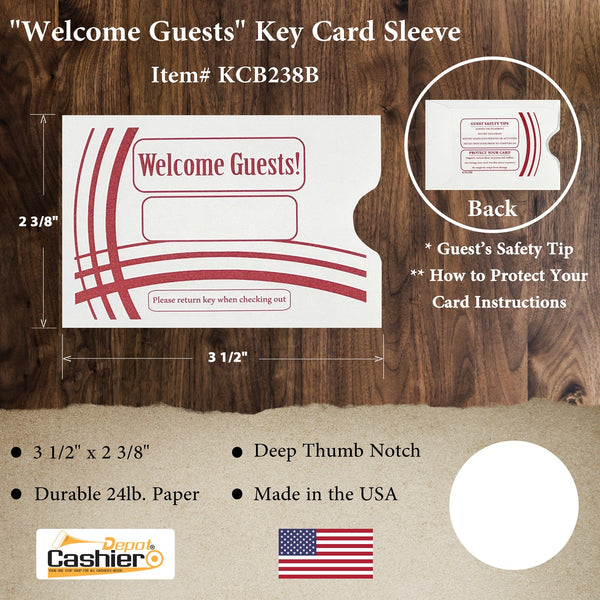Hotel/ Motel "Welcome Guest" Key Card Sleeve, 2 3/8" X 3 1/2", Printed in Burgundy, Sturdy 24lb. Paper (KCB238B) - Cashier Depot