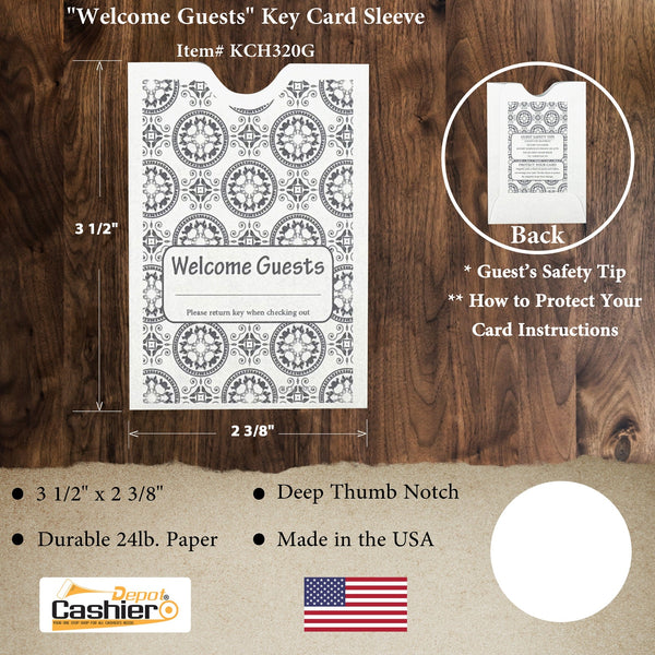 Hotel/ Motel "Welcome Guest" Key Card Sleeve, 2 3/8" X 3 1/2", Printed in Gray, Sturdy 24lb. Paper (KCH320G) - Cashier Depot