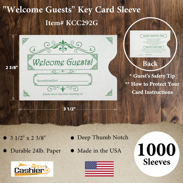 Hotel/ Motel "Welcome Guest" Key Card Sleeve, 2 3/8" X 3 1/2", Printed in Green, Premium 24lb. Paper, 500/Box (KCC292G) - Cashier Depot